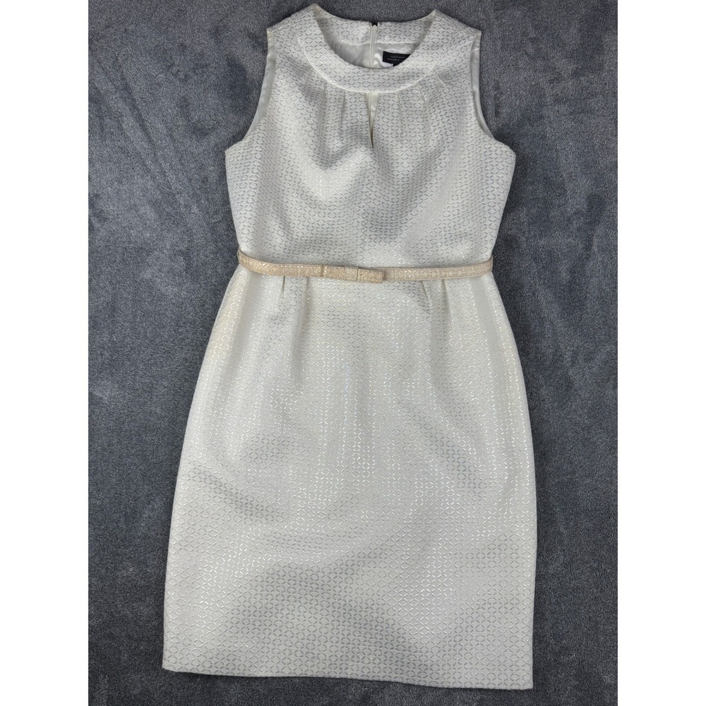 Tahari Arthur S Levine Womens 10 Metallic Jacquard Sheath Dress Champagne White - Picture 3 of 15
